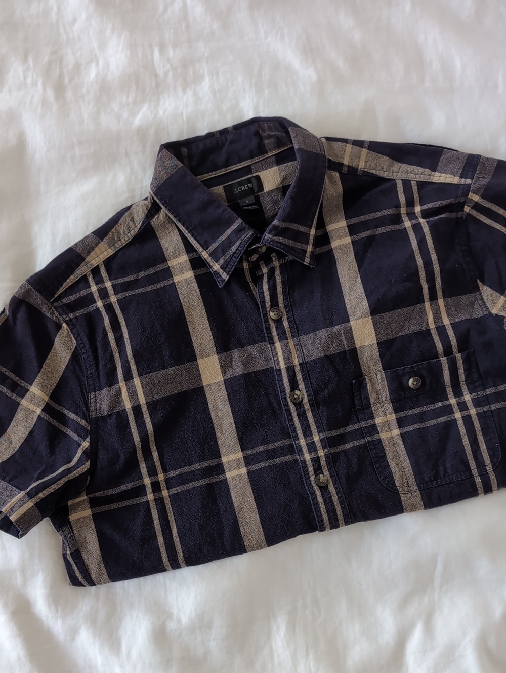 J. Crew SM Navy and Tan Plaid Short-Sleeve Button-Down
